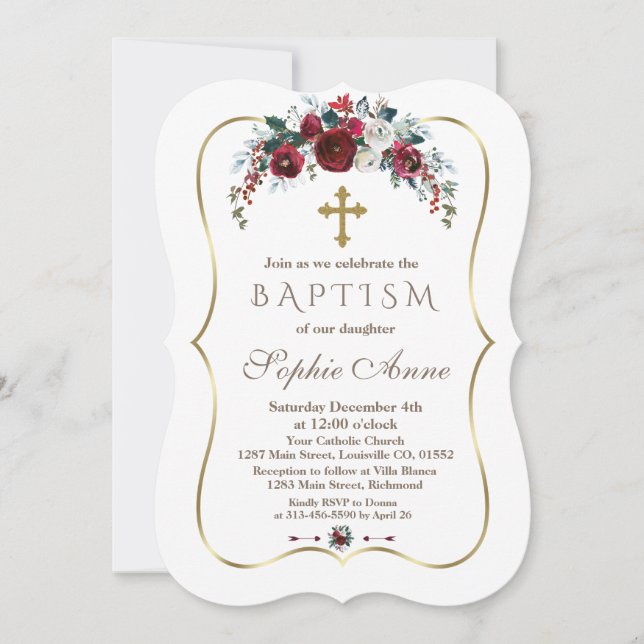 Elegant Winter Burgundy Floral Pine Gold Baptism Invitation (Front)