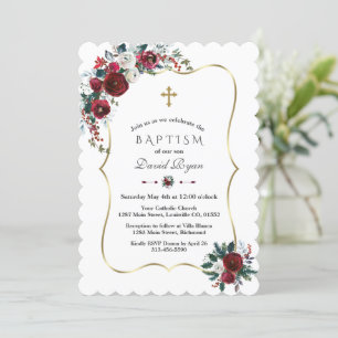 Elegant Winter Burgundy Flowers Pine Baptism  Invitation