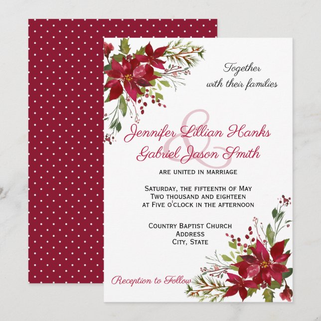 Elegant Winter Burgundy Poinsettia Floral Wedding Invitation (Front/Back)