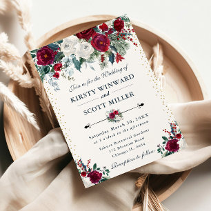 Elegant Winter Burgundy & White Floral Wedding Invitation