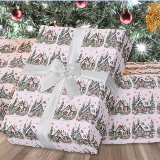 Elegant Winter Cabin Blush Pink Christmas Wrapping Paper (Elegant Winter Cabin Blush Pink Christmas Wrapping Paper)