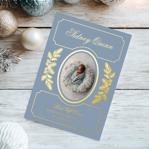 Elegant Winter Christmas Blue New Baby Birth Foil Holiday Card