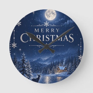 Elegant Winter Christmas, Midnight Navy Snowy Round Clock