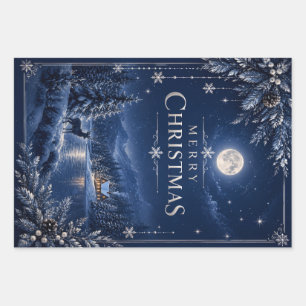 Elegant Winter Christmas, Midnight Navy Snowy Wrapping Paper Sheet