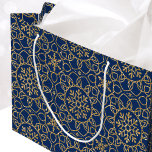 Elegant Winter Christmas Snowflake Gold Navy Blue Large Gift Bag<br><div class="desc">Looking for a classy winter-themed gift bag for Christmas or holiday celebrations? This chic design features interconnected flower shapes,  heart-shaped petals,  and decorative snowflakes. An all-over pattern,  printed with a faux gold glitter effect against a navy blue background. An elegant way of presenting a gift to someone special!</div>