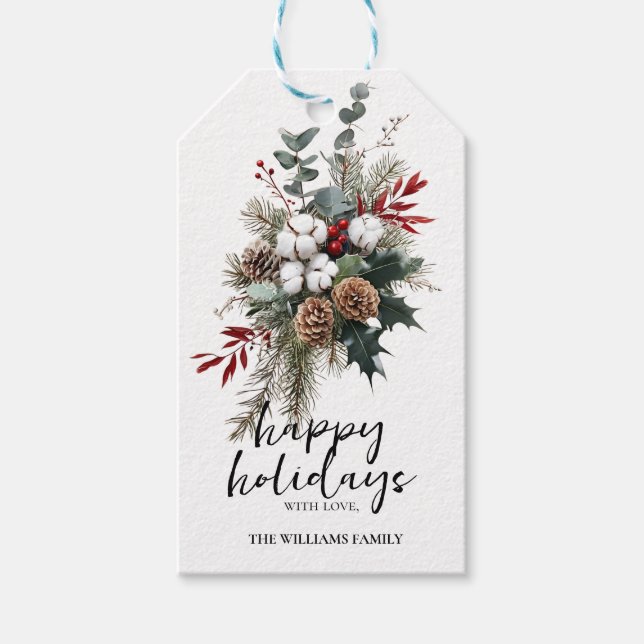Elegant Winter Cotton & Pinecone Holiday Gift Tag (Front)