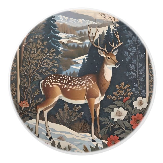 Elegant Winter Deer Nature Design Ceramic Knob (Front)