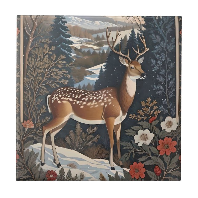 Elegant Winter Deer Nature Design Tile (Front)