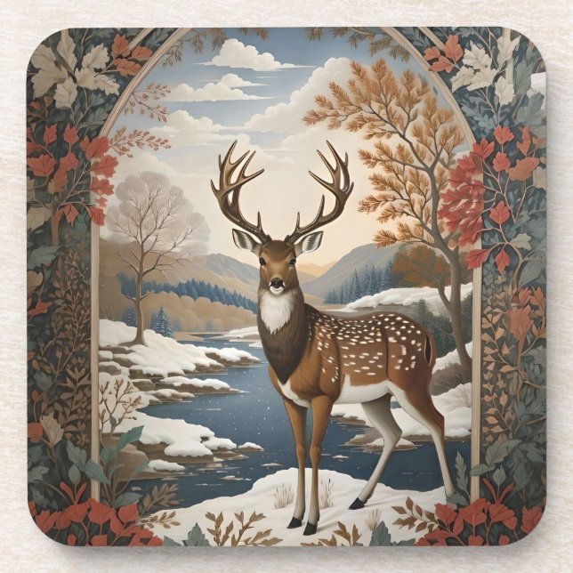 Elegant Winter Deer Winter Scene Coaster (Front)