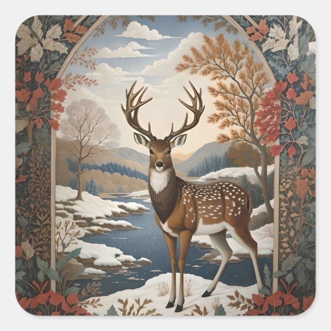 Elegant Winter Deer Winter Scene Square Sticker (Front)
