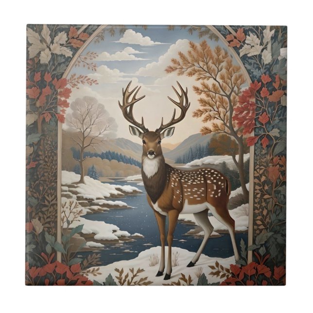 Elegant Winter Deer Winter Scene Tile (Front)
