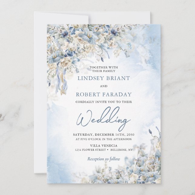 Elegant Winter dusty blue flowers and white roses  Invitation (Front)