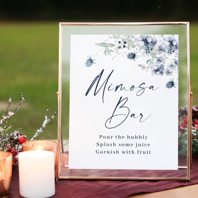 Elegant Winter Dusty Blue Foliage Mimosa Bar Poster (Creator Uploaded)