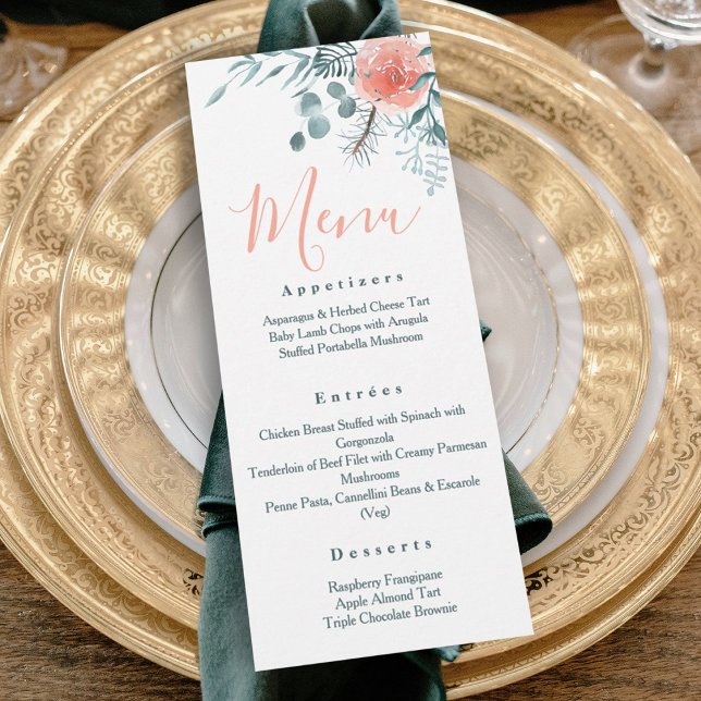 Elegant Winter Eucalyptus Food Menu Invitation (elegant pink light green eucalyptus leaves pine needles winter wedding reception dinner menu)