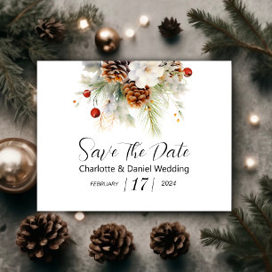 Elegant Winter Evergreen and Rowan Berries Wedding Save The Date