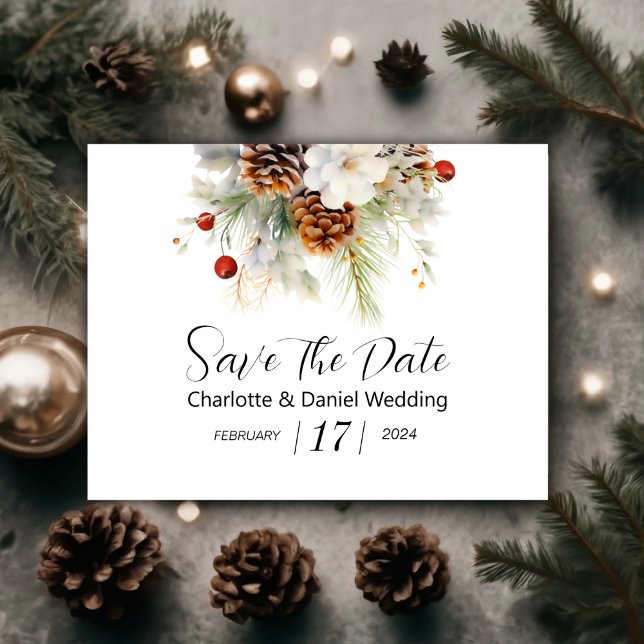 Elegant Winter Evergreen and Rowan Berries Wedding Save The Date (Winter Evergreen and Rowan Berries Wedding Save The Date)