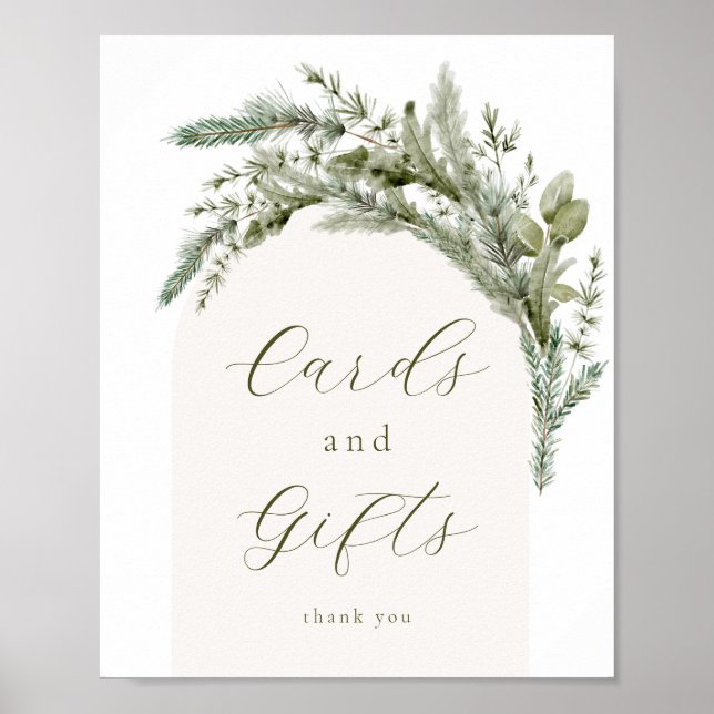 Elegant Winter Evergreen Arch Cards and Gifts Sign (Front)