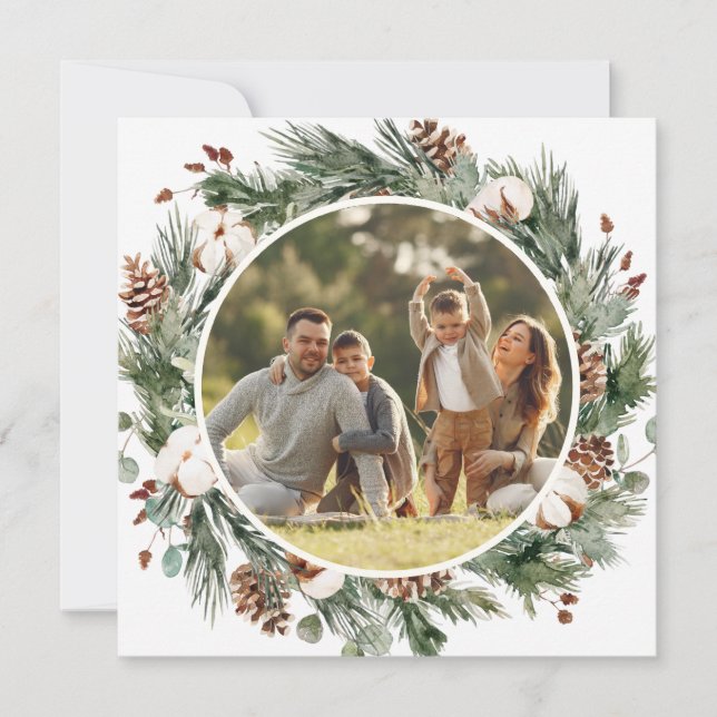 Elegant Winter Evergreen Holiday Photo Card (Front)
