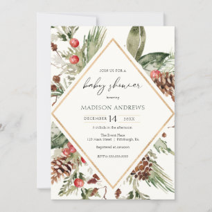 Elegant Winter Evergreen Poinsettia Baby Shower In Invitation