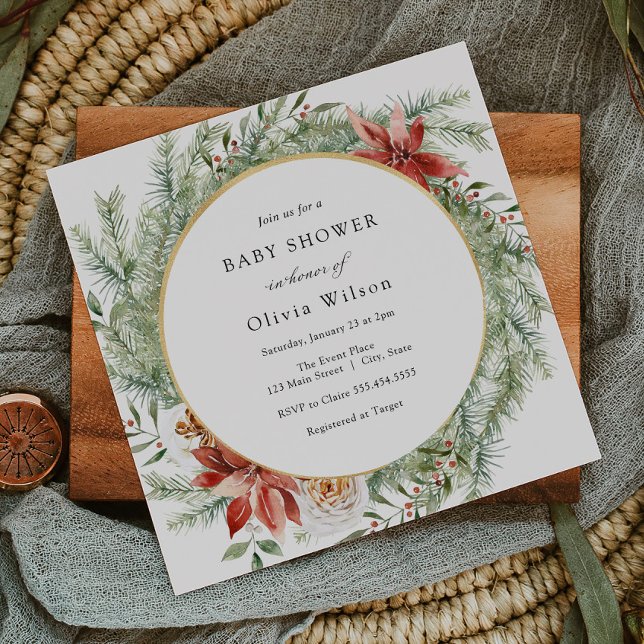 Elegant Winter Evergreen Poinsettia Baby Shower Invitation (Creator Uploaded)
