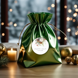 Elegant Winter Evergreen & Rowan Berries Wedding Classic Round Sticker