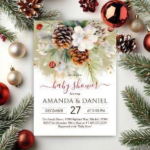 Elegant Winter Evergreen Watercolor Baby Shower Invitation