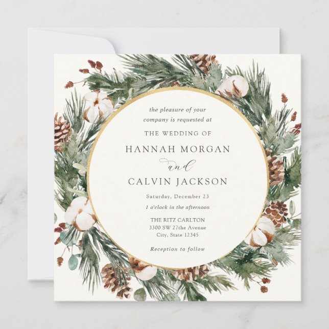 Elegant Winter Evergreen Wedding Invitation (Front)