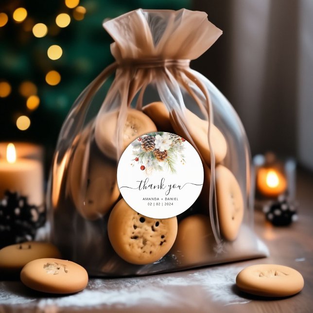 Elegant Winter Evergreen Wedding Thank You Classic Round Sticker (Winter Evergreen Wedding Thank You Classic Round Sticker)