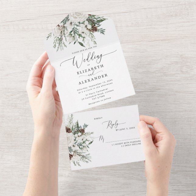Elegant winter festive evergeen wedding all in one invitation (Tearaway)