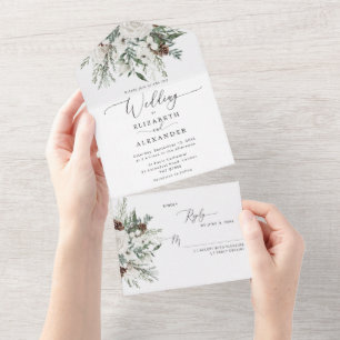 Elegant winter festive evergeen wedding all in one invitation