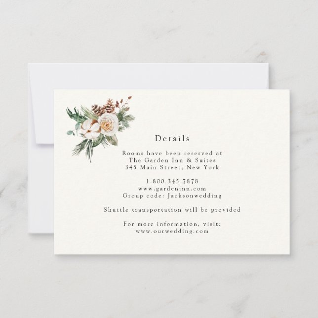 Elegant Winter Floral and Greenery Details Card (Front)