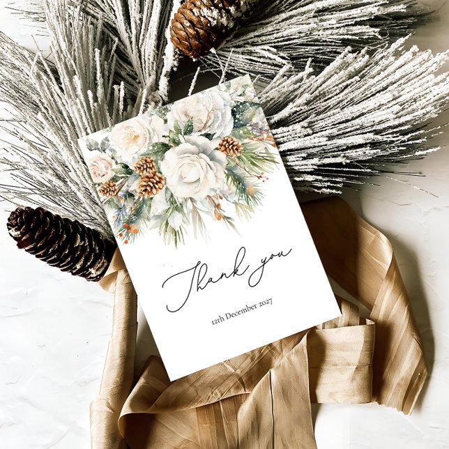 Elegant Winter Floral and Pine Thank You Card (Creator Uploaded)