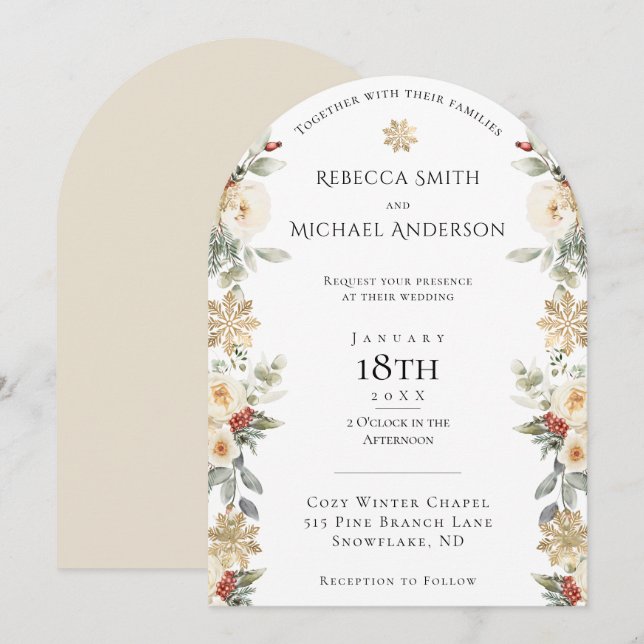 Elegant Winter Floral Arch Shaped Wedding Invitation (Front/Back)