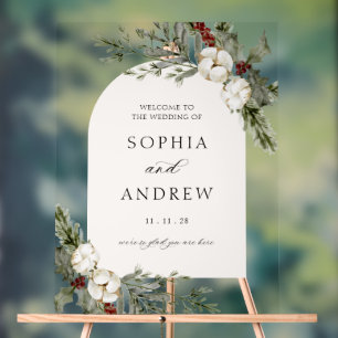 Elegant Winter Floral Arch Wedding Welcome Acrylic Sign