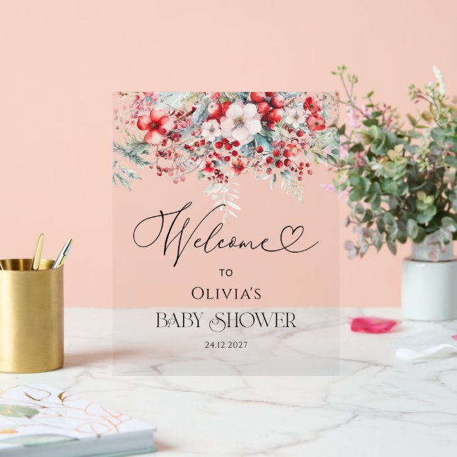 Elegant Winter Floral Baby Shower Welcome Acrylic Sign (Wedding)
