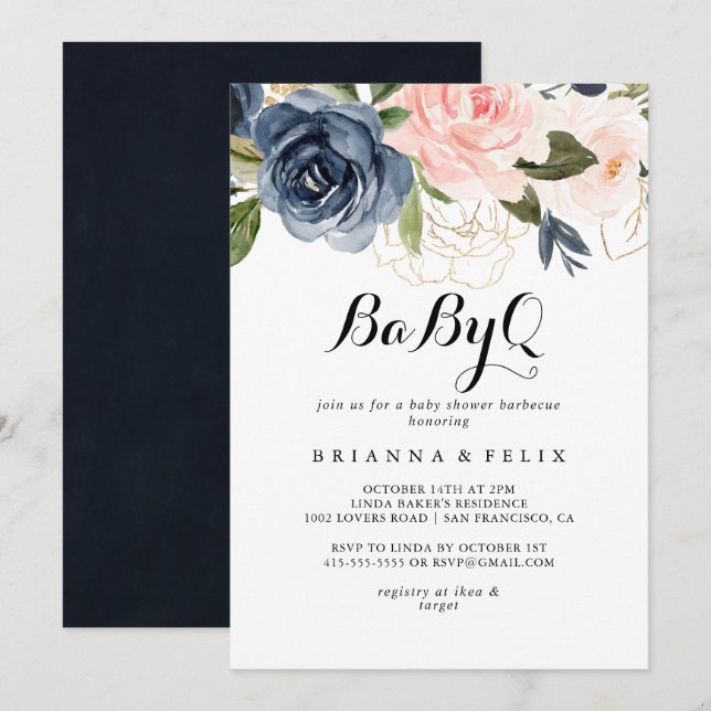 Elegant Winter Floral BabyQ Baby Shower Barbecue Invitation (Front/Back)