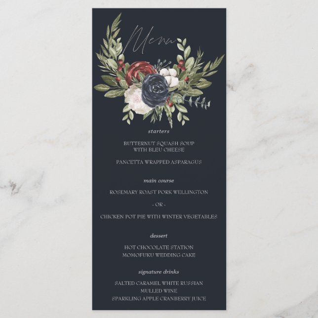 Elegant Winter Floral Boho Botanical Wedding Menu (Front)