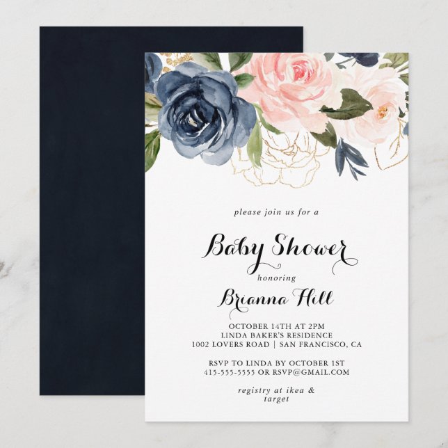 Elegant Winter Floral Calligraphy Baby Shower Invitation (Front/Back)