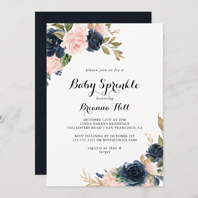 Elegant Winter Floral Calligraphy Baby Sprinkle Invitation (Front/Back)