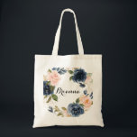 Elegant Winter Floral Calligraphy Bridesmaid Tote Bag<br><div class="desc">This elegant winter floral calligraphy bridesmaid tote bag is the perfect wedding gift to present your bridesmaids and maid of honor for a modern wedding. The design features beautiful hand-painted dark blue,  blue,  navy,  pink ,  blush,  gold flowers and green foliage,  bunched into elegant bouquets.</div>