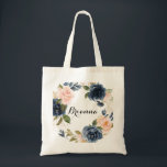 Elegant Winter Floral Calligraphy Bridesmaid Tote Bag<br><div class="desc">This elegant winter floral calligraphy bridesmaid tote bag is the perfect wedding gift to present your bridesmaids and maid of honor for a modern wedding. The design features beautiful hand-painted dark blue,  blue,  navy,  pink ,  blush,  gold flowers and green foliage,  bunched into elegant bouquets.</div>