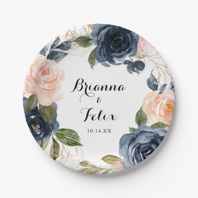 Elegant  Winter Floral Calligraphy Wedding Cake Paper Plate (Front)