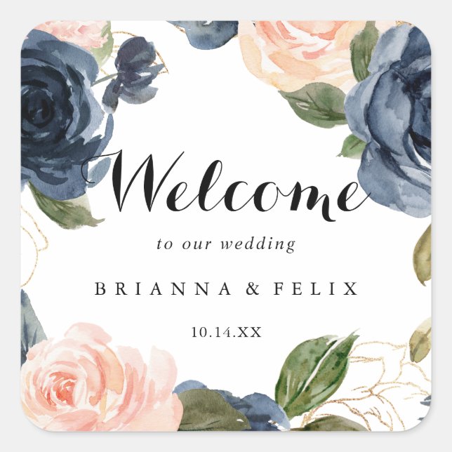 Elegant Winter Floral Calligraphy Wedding Welcome Square Sticker (Front)