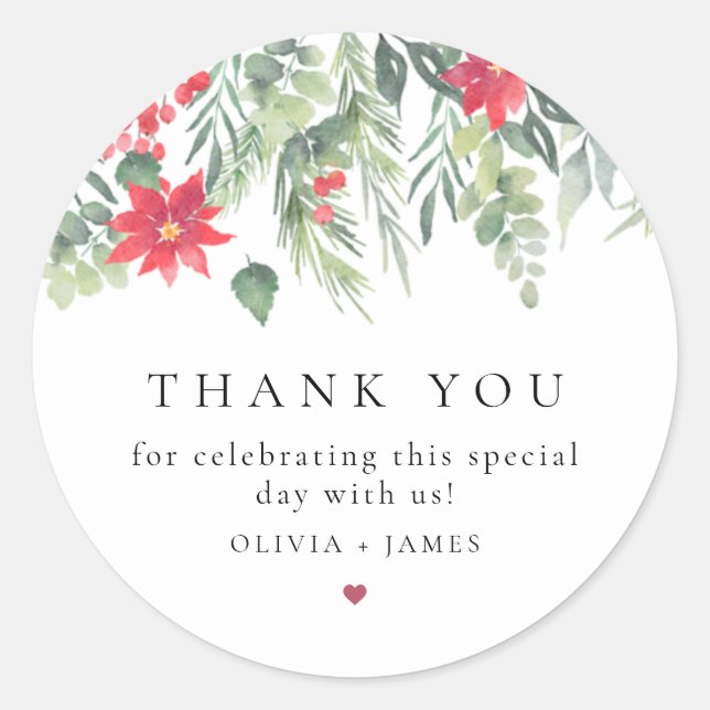 Elegant Winter Floral Christmas Holiday Thank You Classic Round Sticker (Front)
