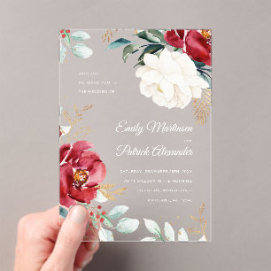 Elegant Winter Floral Christmas Wedding Acrylic Invitations