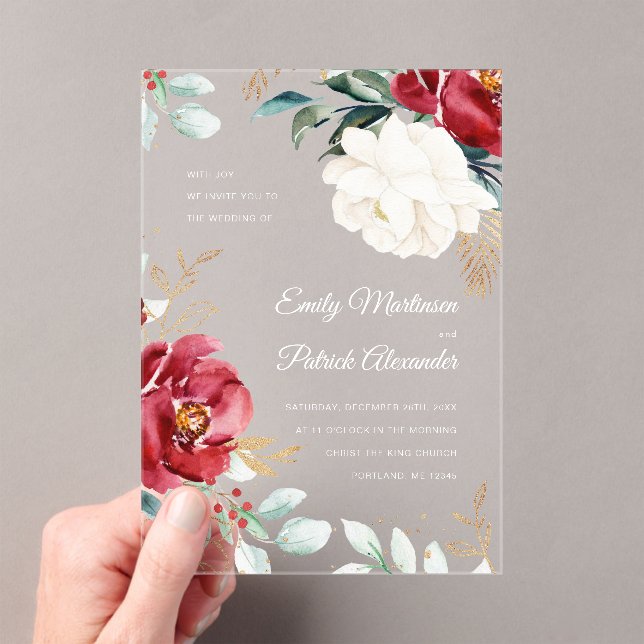 Elegant Winter Floral Christmas Wedding Acrylic Invitations (Insitu (Handheld))