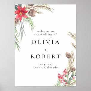 Elegant Winter Floral Christmas Wedding Welcome Poster