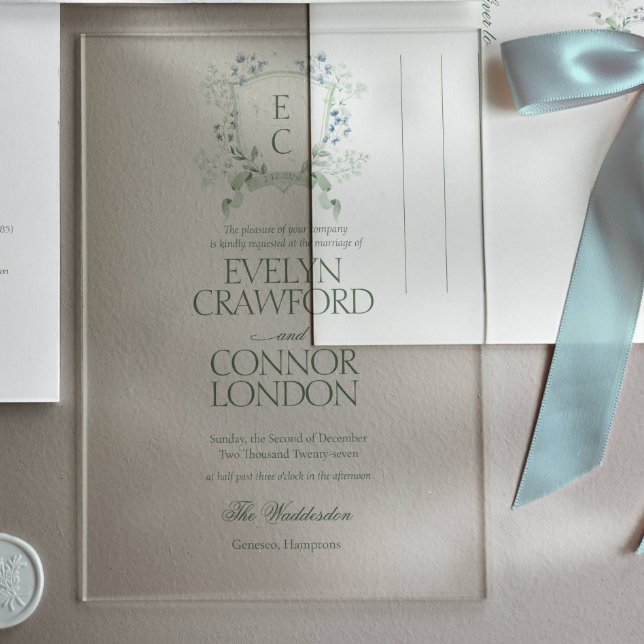 Elegant winter Floral Crest Wedding Acrylic Invitations (Creator Uploaded)