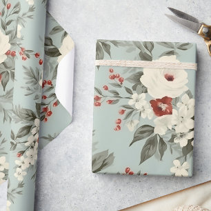Elegant Winter Floral Frosted White & Crimson Wrapping Paper