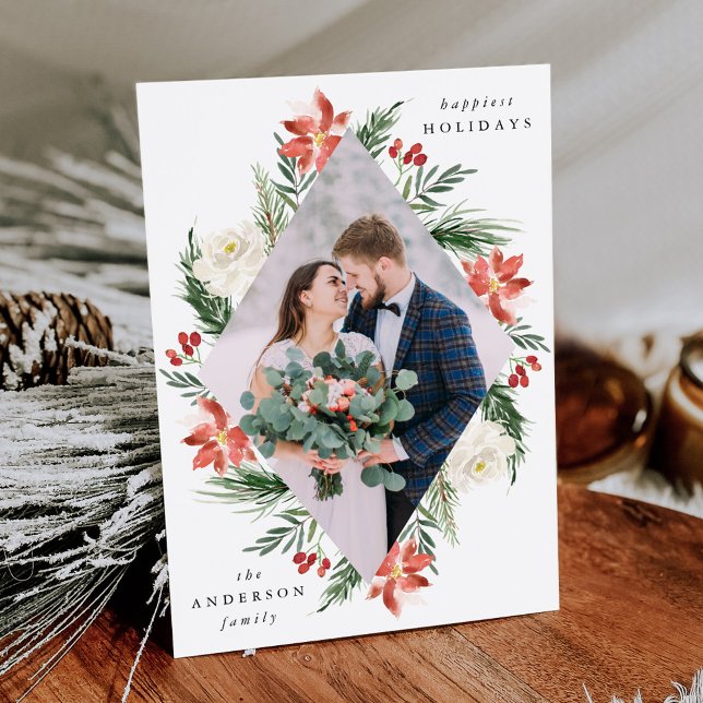 Elegant Winter Floral Geometric Frame Photo Holiday Card (Creator Uploaded)